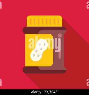 Jar of peanut butter is sitting on a red background, with a yellow label featuring a peanut Stock Vector