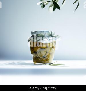 jar of aromatic oil with green olives and branch on white background Stock Photo