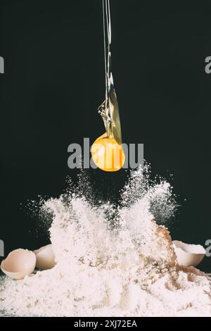 close up view of yolk falling on flour on black background Stock Photo