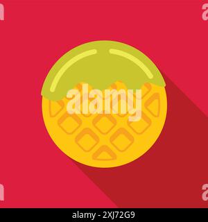Round waffle with squares pattern covered with pistachio cream melting on it on plain red background Stock Vector