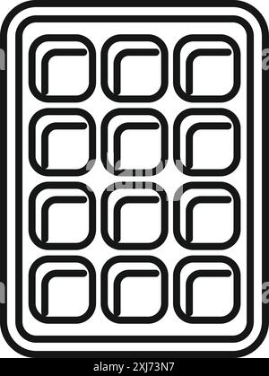 Black and white line drawing of an ice cube tray making perfect square ice cubes for cocktails, beverages, and refreshments Stock Vector