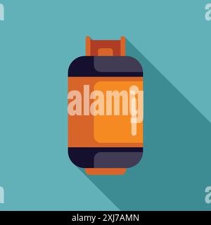 Orange and black gas cylinder for domestic use, with its valve on top, isolated on a blue background with a long shadow Stock Vector