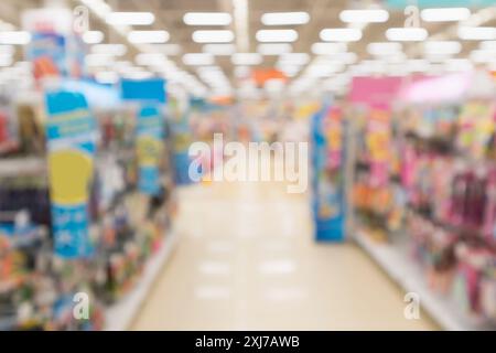 Abstract blur empty supermarket discount store aisle and product shelves interior defocused background Stock Photo