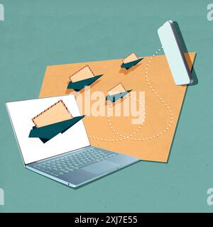 A laptop is shown with a paper airplane on it, and a cell phone is shown with a paper airplane flying off of it. Concept of communication and the use Stock Photo