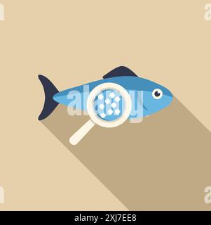 Magnifying glass is hovering over a fish, representing the concept of fish industry research Stock Vector