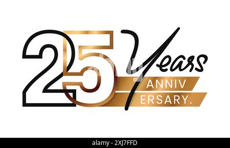 25 Years Anniversary and celebration minimalist line art style. Gold logo abstract Design. Vector Illustration. Number for icon, label, insigna Stock Vector