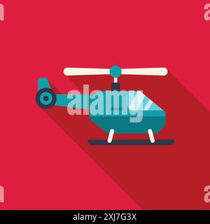 Illustration of a blue helicopter flying with rotating blades, depicted in a flat design style with long shadows Stock Vector