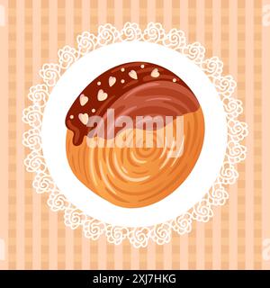 Cromboloni with cream topping. Coin, round croissant with filling, covered with icing. Croissant roll, round san on a lacy napkin on a checkered backg Stock Vector