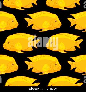 Yellow tropical fish seamless pattern. aquarium animals in flat style. Cichlid family. Cichlasoma citrinellum. pet care. For wallpaper, fabric, wrappi Stock Vector