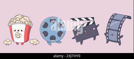 Kawaii cinema mascots set isolated on background. Contemporary vector cartoon illustration of cute popcorn bucket, film reel and strip, clapper characters with smiling faces, entertainment emoji Stock Vector