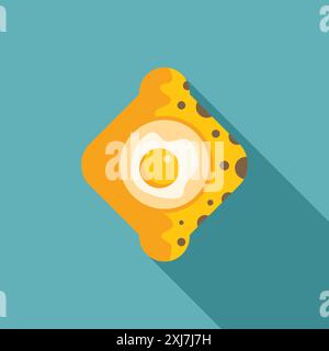 Toast with fried egg in the middle, simple icon in flat style with long shadow on turquoise blue background Stock Vector