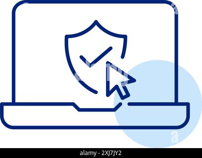 Laptop, shield, checkmark and mouse click. Protected device, verified access, approved user. Secure internet access. Pixel perfect, editable stroke ve Stock Vector