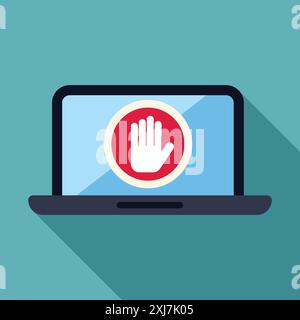 Laptop is showing a stop sign with a hand, warning about security issues Stock Vector