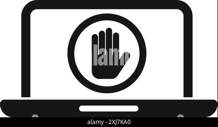 Black silhouette of a laptop showing a stop hand gesture, concept of access denied Stock Vector