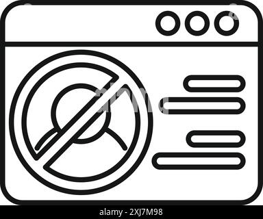 Line icon of a website with a crossed out user symbol, indicating account suspension or blocked access Stock Vector