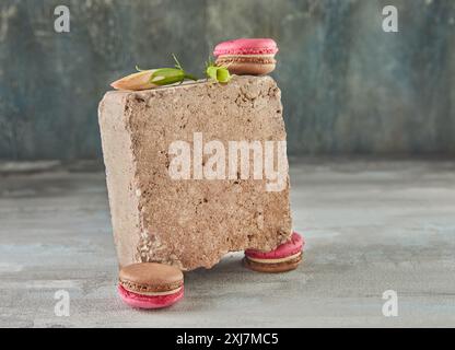 Colorful macarons with stone and flower on concrete background. Stock Photo