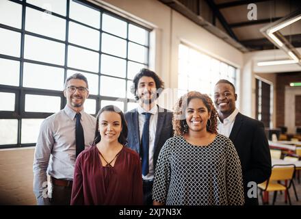 Portrait, diversity and business people with smile, group and about us with cooperation. Face, men and women with collaboration, multicultural and Stock Photo