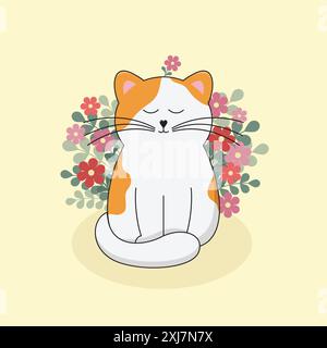 Cute Cartoon White and Ginger Cat Enjoying Spring Season in April with Many Beautiful Flowers Behind on Yellow Background. Vector Illustration. Stock Vector