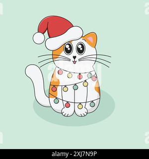 Cute Cartoon White and Ginger Cat with Santa Hat Wrapped in Colorful Christmas Lights in December. Winter Season Vector Illustration. Stock Vector