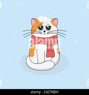 Cute White and Ginger Cat in Red Scarf Sits Under Falling Snow in February. Funny Cartoon Kitten with Big Eyes. Winter Season Vector Illustration. Stock Vector