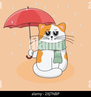 Cute White and Ginger Cat Sitting with Red Umbrella in the Rain in November. Funny Cartoon Kitten with Green Scarf. Fall Season Vector Illustration. Stock Vector