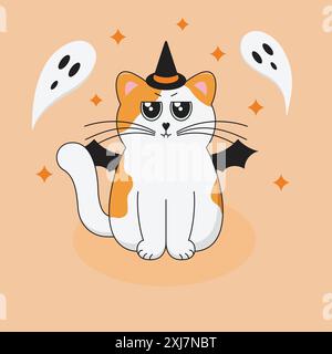 Cute White and Ginger Cat Dressed in Halloween Costume in October. Funny Cartoon Kitten with Big Eyes. Fall Season Vector Illustration. Stock Vector