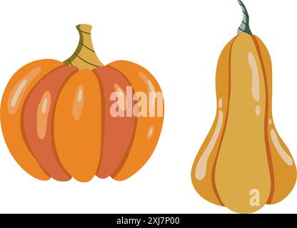 Harvest festival illustration. Vector illustration of fantasy pumpkin. Thanksgiving and Harvest Day set of objects in flat style. Set of stylized Stock Vector