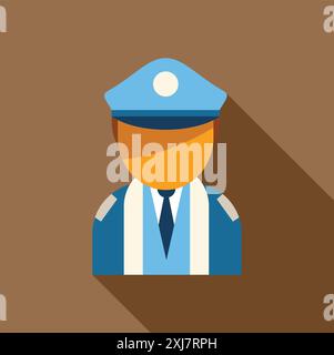Pilot avatar wearing uniform and hat with long shadow on brown background Stock Vector