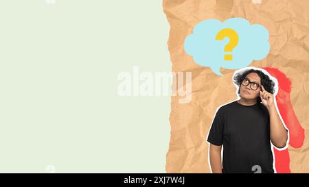 A man with glasses is looking up at a question mark. The image is meant to convey the idea that it's important to ask questions and seek answers Stock Photo