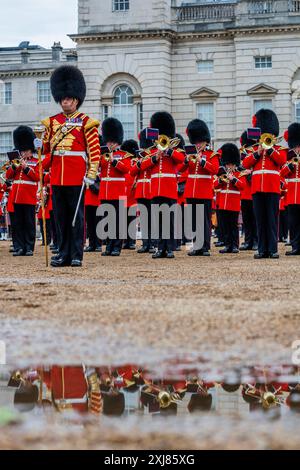 London, UK. 16 Jul 2024. The British Army's ‘Military Musical Spectacular', a summer celebration over three nights on Horse Guards Parade, London, on 16th, 17th and 18th July 2024. A live outdoor performance showcasing some of the most talented military musicians in the British Army. It features the Massed Bands of The Household Division, Massed Pipes and Drums, Mounted State Trumpeters, and the Guns and Horses of the King's Troop Royal Horse Artillery is coming to next week. It includes a moment of reflection to commemorate the 80th anniversary of the D-Day landings. Credit: Guy Bell/Alamy Li Stock Photo