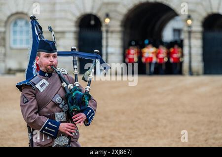 London, UK. 16 Jul 2024. The British Army's ‘Military Musical Spectacular', a summer celebration over three nights on Horse Guards Parade, London, on 16th, 17th and 18th July 2024. A live outdoor performance showcasing some of the most talented military musicians in the British Army. It features the Massed Bands of The Household Division, Massed Pipes and Drums, Mounted State Trumpeters, and the Guns and Horses of the King's Troop Royal Horse Artillery is coming to next week. It includes a moment of reflection to commemorate the 80th anniversary of the D-Day landings. Credit: Guy Bell/Alamy Li Stock Photo