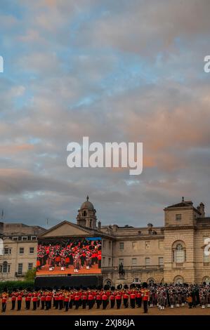 London, UK. 16 Jul 2024. The British Army's ‘Military Musical Spectacular', a summer celebration over three nights on Horse Guards Parade, London, on 16th, 17th and 18th July 2024. A live outdoor performance showcasing some of the most talented military musicians in the British Army. It features the Massed Bands of The Household Division, Massed Pipes and Drums, Mounted State Trumpeters, and the Guns and Horses of the King's Troop Royal Horse Artillery is coming to next week. It includes a moment of reflection to commemorate the 80th anniversary of the D-Day landings. Credit: Guy Bell/Alamy Li Stock Photo