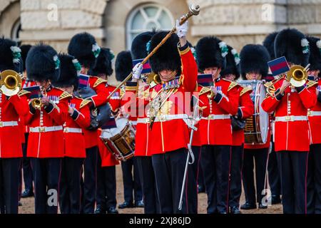 London, UK. 16 Jul 2024. The British Army's ‘Military Musical Spectacular', a summer celebration over three nights on Horse Guards Parade, London, on 16th, 17th and 18th July 2024. A live outdoor performance showcasing some of the most talented military musicians in the British Army. It features the Massed Bands of The Household Division, Massed Pipes and Drums, Mounted State Trumpeters, and the Guns and Horses of the King's Troop Royal Horse Artillery is coming to next week. It includes a moment of reflection to commemorate the 80th anniversary of the D-Day landings. Credit: Guy Bell/Alamy Li Stock Photo