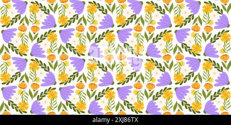 Continuous pattern featuring floral elements. Botanical-inspired recurring fabric or wallpaper design with yellow, orange, and large lilac flowers, as Stock Vector