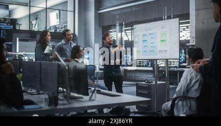 Team of Multiethnic Indian Software Engineers Having a Meeting in Order to Review the Code Done by Computer Engineering Department. Colleague Making a Presentation for Project Managers at the Office Stock Photo