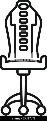 This icon represents a gaming chair with a high backrest, armrests, and five wheels for smooth movement Stock Vector