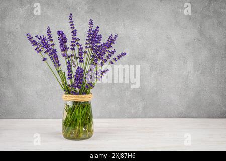 Fresh bouquet of blooming lavender in vase on gray abstract background.  Floral background, mockup, template with copy space. Stock Photo