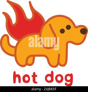 Yellow puppy with a red flame on its back, and below, the words hot dog Stock Vector