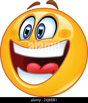 Laughing emoji emoticon shown from a three quarters angle Stock Vector