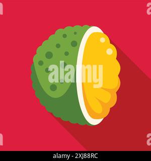 Simplified flat design icon of a durian fruit cut in half, revealing its yellow, creamy flesh Stock Vector