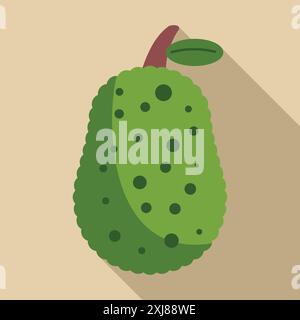 Green jackfruit with a short stem and leaf is casting a long shadow Stock Vector