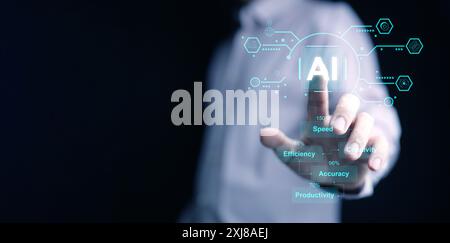 Ai, artificial intelligence, 's impact. A man taps his finger on AI virtual screen using it to improve speed, efficiency, creativity, accuracy, and pr Stock Photo