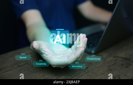 Ai, artificial intelligence, 's impact. A man, with AI virtual screen in his hand, uses it to improve speed, efficiency, creativity, accuracy, and pro Stock Photo