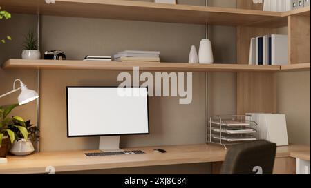 A computer with a white-screen mockup on a wooden desk features illumination from a table lamp, books, and houseplants in a cozy home office. place of Stock Photo