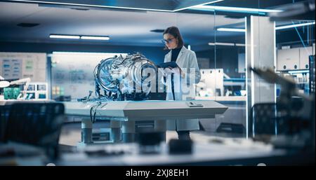Industrial Engineer Working on a Futuristic Jet Engine, Standing with Tablet Computer in Scientific Technology Lab. Female Scientist Developing New Electric Motor in Advanced Research Facility Stock Photo