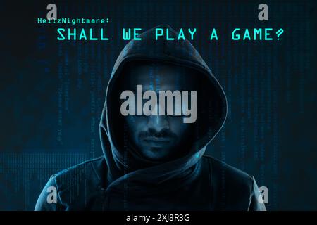 Hologram, crime and dangerous hacker in hoodie on dark or black background with code, fraud and virus. Play game, text and face of evil man ready for Stock Photo