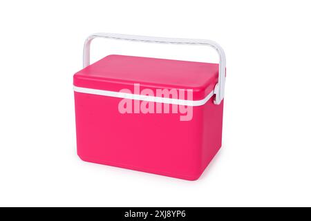 a red pinkish plastic cooler, with a white handle, on a white background Stock Photo