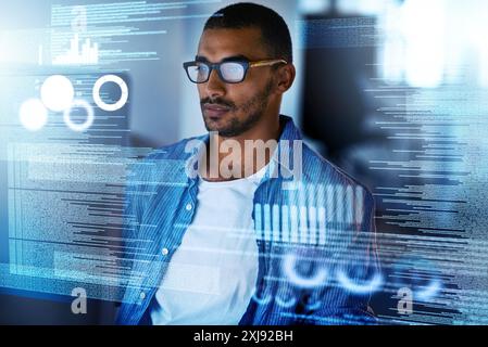 Programmer, overlay and man on screen for coding, website development and programming. Cloud research, technology or IT technician typing code for Stock Photo