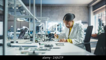 College Science Classroom: Diverse Young Black Female Experimenting with Computer Components, Connecting a Circuit Board, Using Microscope and a Screwdriver in a Laboratory Stock Photo