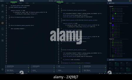 Developer Software Code Mock-up with Generic Programming Language. Dark Interface with Multiple Windows Shows Coding Process, Debugging. Night Mode Template for Computer Displays and Laptop Screens. Stock Photo
